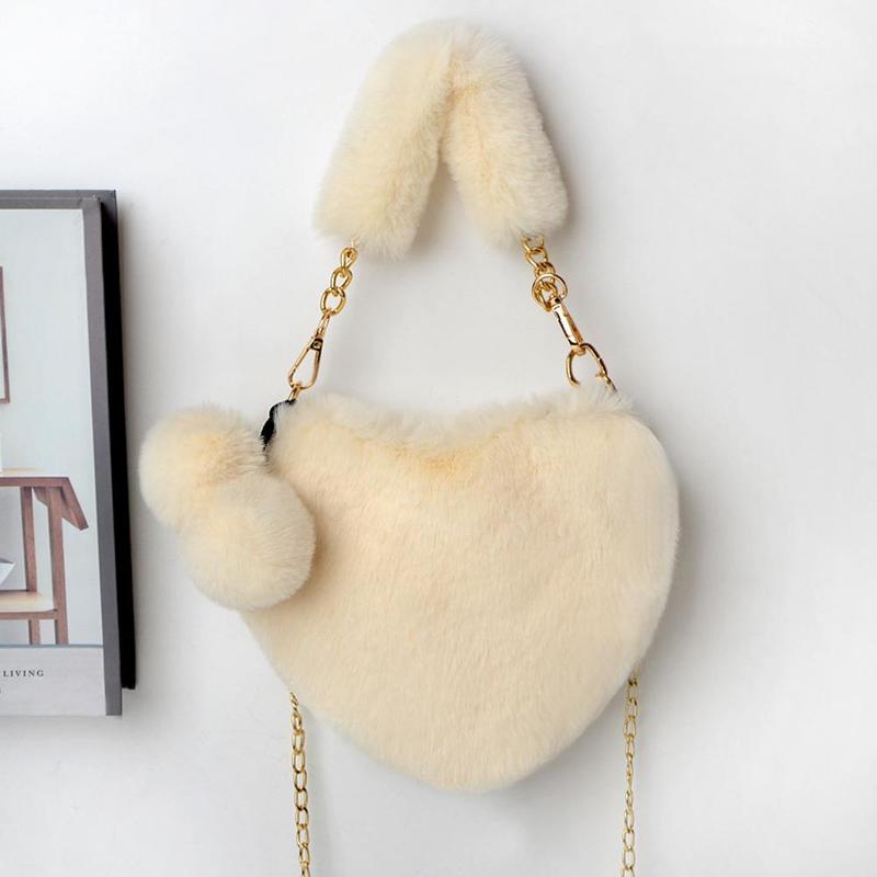 Product Introduction of Women Messenger Bag Cute Heart Shaped Shoulder Bag Fluffy Chain Soft Fashion Crossbody Handbag 24