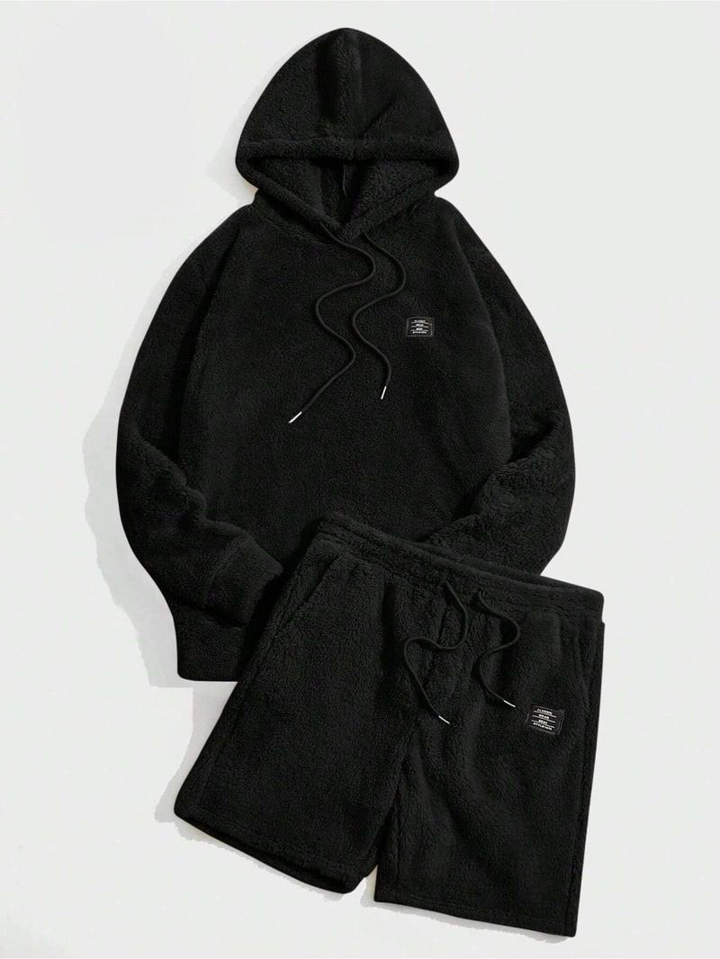 Product Introduction of Two-piece Set Men's Letter Patched Drop Shoulder Hoodie & Drawstring Waist Shorts Set, Men's Sweatsuit Set, Casual Fashion Cozy Regular Fit Outfits for Daily Outdoor Wear, Menswear, Men's Clothes Suits for Fall & Winter, Men's 2 Piece Set, Two Piece Men 3