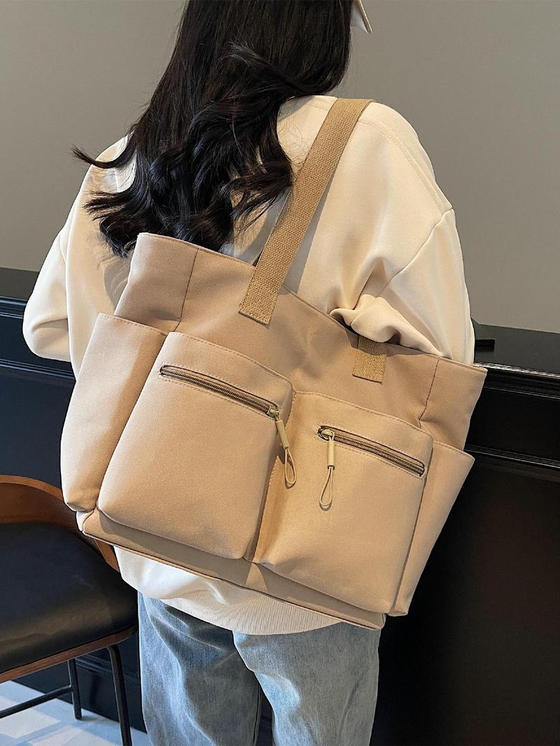Product Introduction of Women's Solid Color Zipper Handbag, Large Capacity Multi-pocket Design Tote Bag, Casual Versatile Shoulder Bag for Daily Used 8