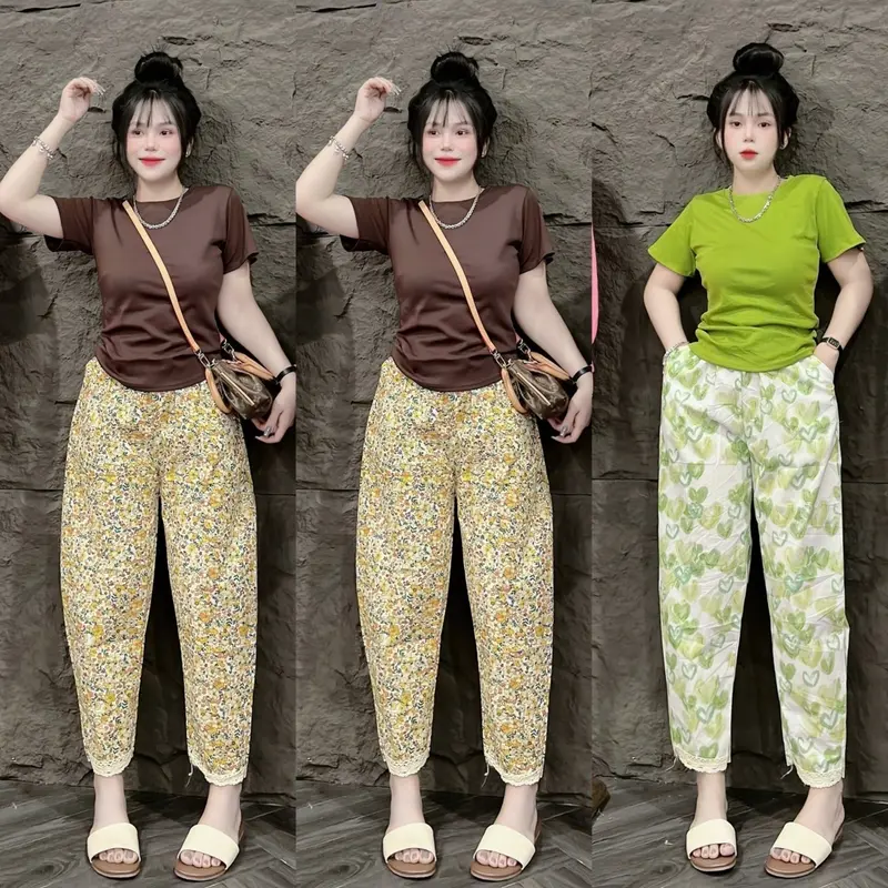 Sét Bộ Thun Áo Tay Ngắn Cổ Tròn In Hình Hoa Nhí Thun Co Giãn Kèm Quần Baggy Lụa Phoi Ren Lai,In Hoa Tiếc Hoa ,Phom 45-58kg,Mac Thoai Mai Nữ Women Bo Chun Nhung Voi Top Kem 5