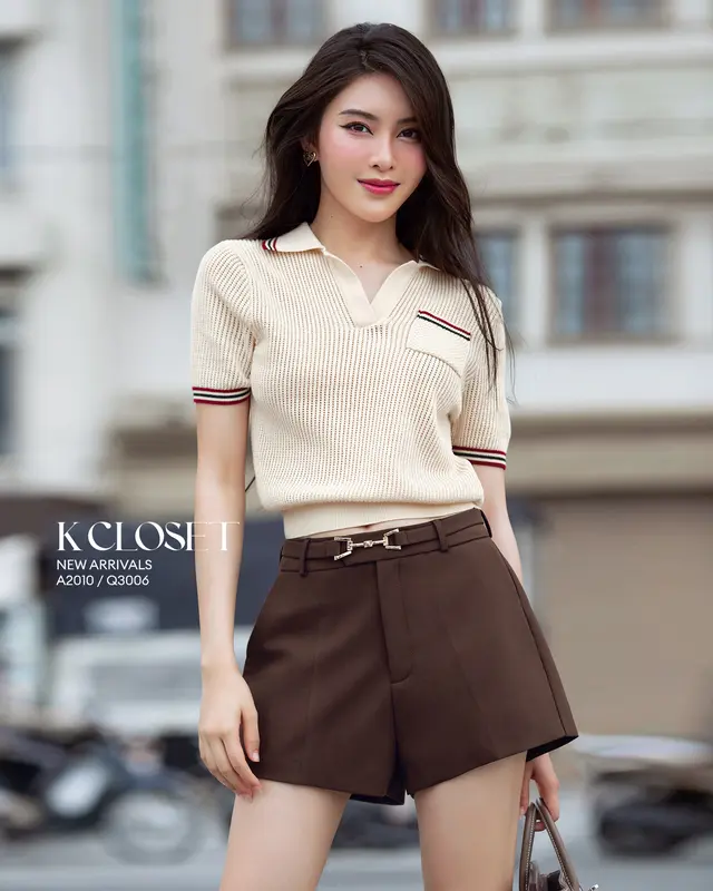 ÁO LEN CỔ BẺ 3 SỌC K CLOSET A2010 - Áo kiểu xinh style hàn 0