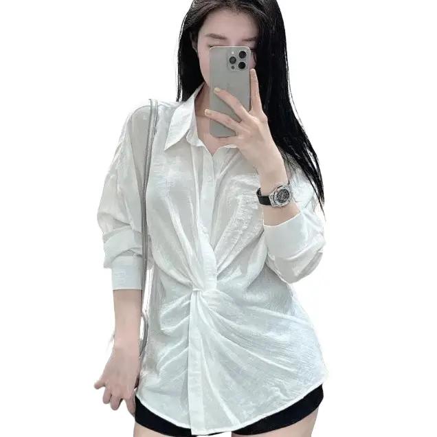 Áo sơmi xoắn eo dài tay chất đũi sơ minu