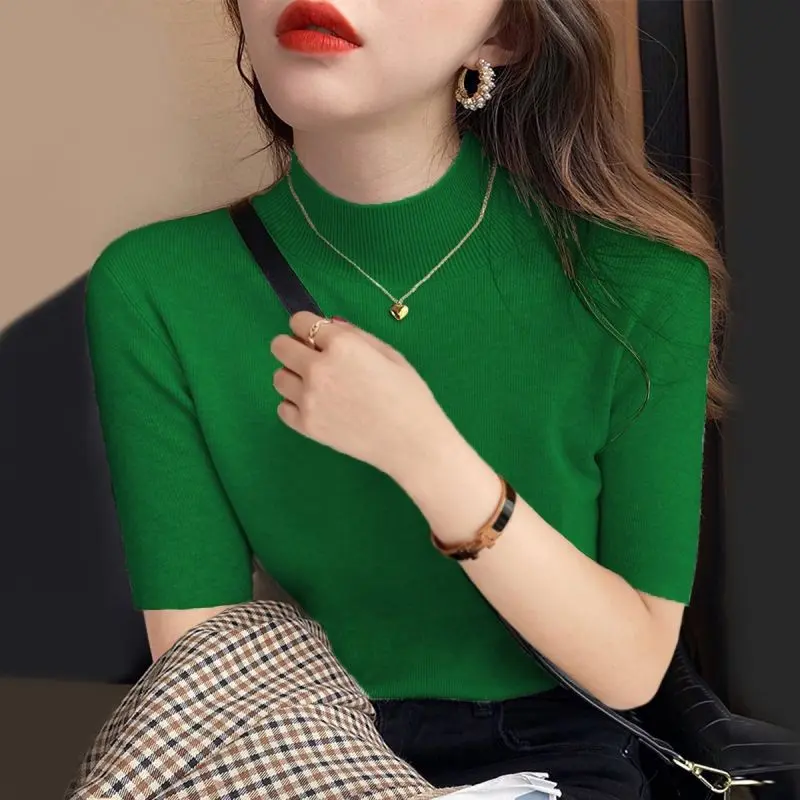 Áo Dệt Kim Cho Nữ, Cổ Cao, Mỏng Vừa Vặn, Áo Sơ Mi Thường Ngày Áo Cánh ngắn Tay Nữ, Phong Cách Hàn Quốc, Dáng Ôm, Áo Phông, M99, Hàng Mới Về 3