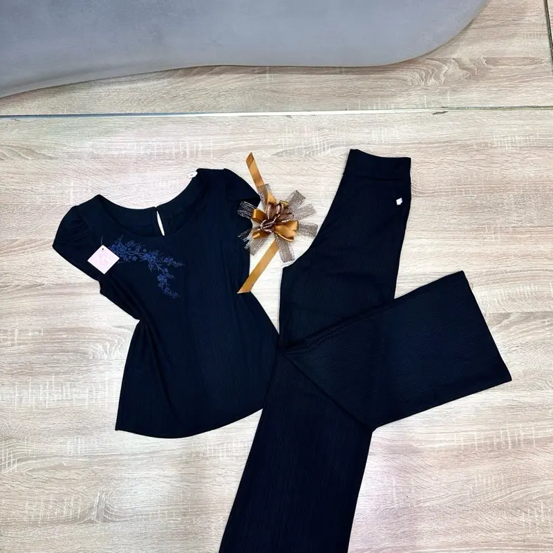 Mã A2 Màu ĐEN [Quần dài ống SUÔNG tay ngắn BIGSIZE ] set bộ cổ tròn thêu hoa Chất gân thái mềm mại 40-72kg