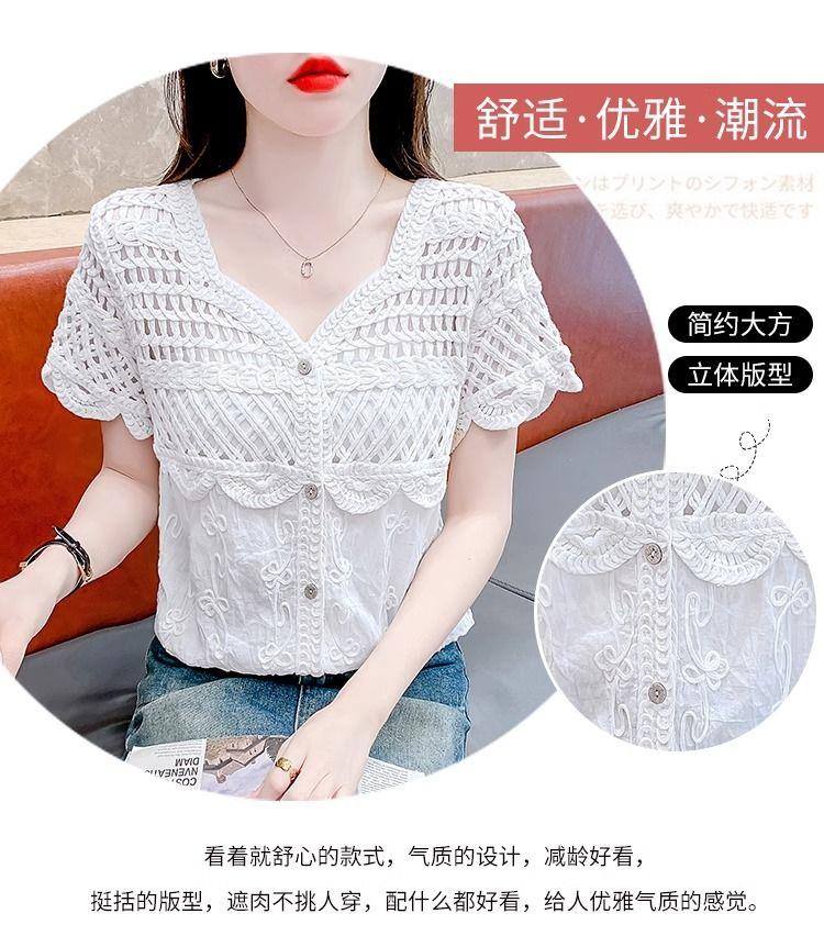Product Introduction of Áo Cánh Ren khoét Cổ Chữ V, Thiết Kế Độc Đáo Dành Cho Nữ, Phong Cách Thanh Lịch, Trẻ Trung, Bó Sát, Áo ngắn Tay Bộ Sưu Tập Người, Mùa Hè 2024, Hàng Mới Về, [3311] 4