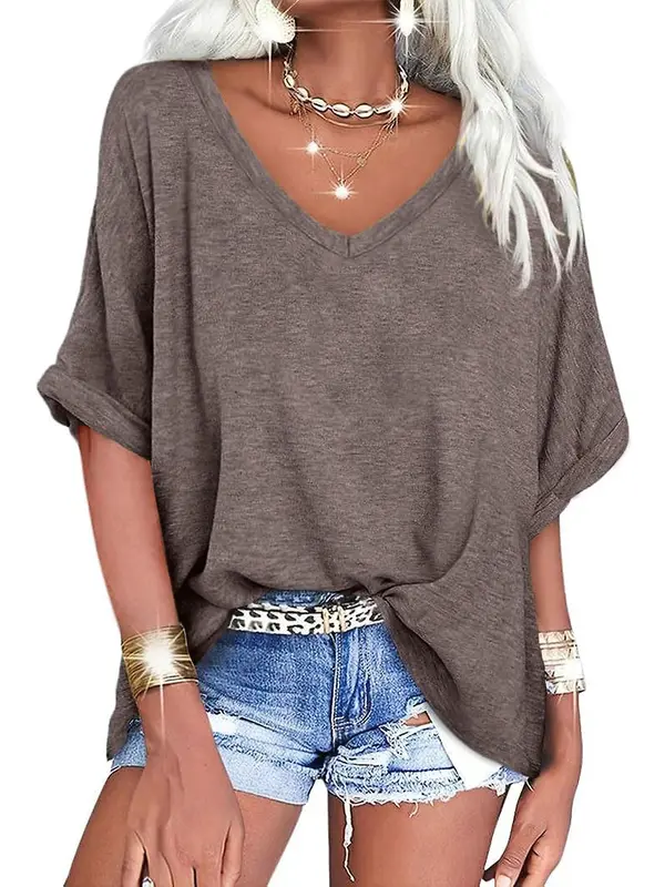 Women's V Neck Batwing Sleeve Tee, Classy Casual Minimalist Plain Short Sleeve T-shirt, Ladies Clothes for Daily Wear, Tops for Women, Womenswear, Tshirts for Women, Summer Top, Comfy Fabric 2