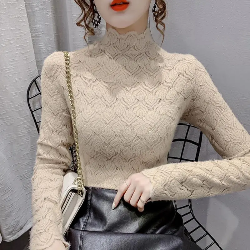 Áo Lớp Nền Ren Chải Cổ Lọ Nửa, Dành Cho Nữ, Lót Lông Cừu, Phối Bên Trong, Áo Sơ Mi Nhỏ Lưới Phong Cách Phương Tây, Bộ Sưu Tập Thu Đông 2023, Hàng Mới Về, Áo Nữ