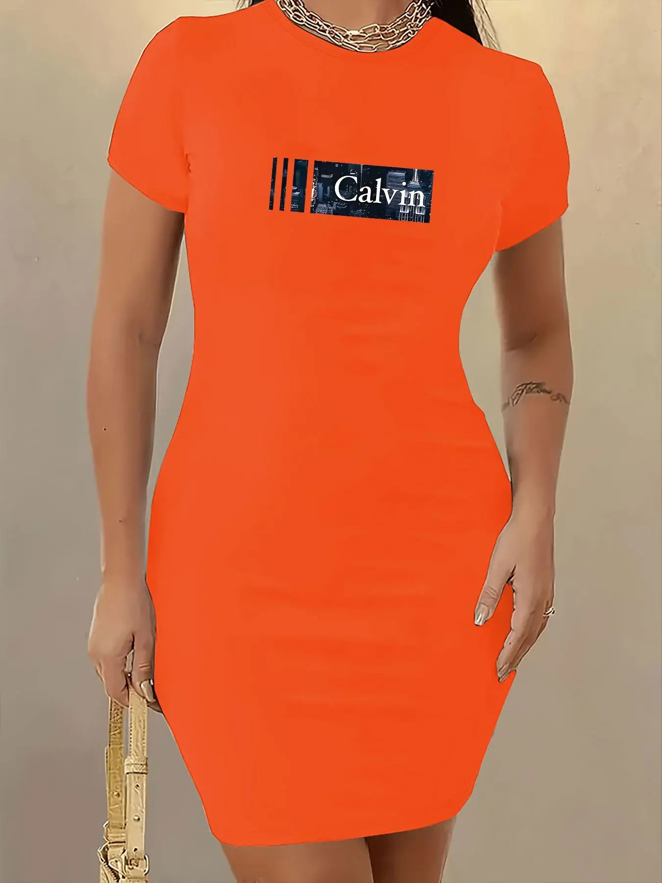 Women's Letter & Geometric Print Round Neck Dress, Casual Short Sleeve Crew Neck Short Dress for Daily Wear, Ladies Clothes for All Seasons