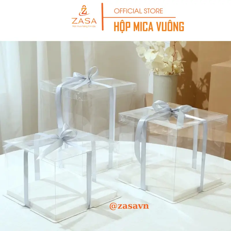 Hộp Mica Vuông Trong Suốt Đa Năng - Hộp Đựng Bánh Kem, Hoa, Trái Cây Và Quà Tặng - Zasavn (Kèm Ruy Băng) 0