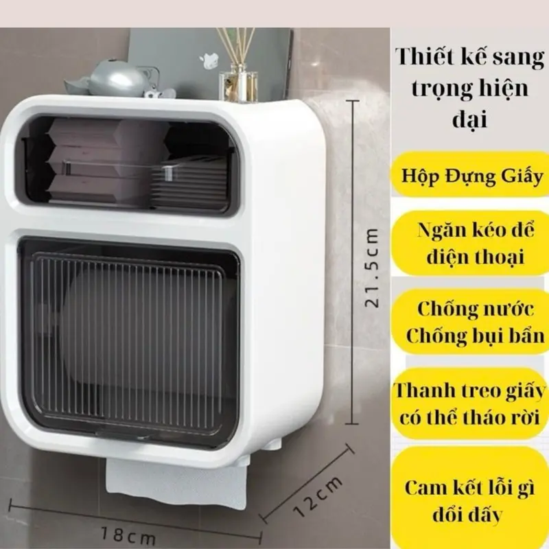 Hộp Đựng Giấy Vệ Sinh 2 Tầng Có Ngăn Kéo Gắn Tường. Kệ Đựng Đồ Nhà Tắm Toilet Đa Năng Ngăn Nước Kèm Miếng Dán Dính Tường 7