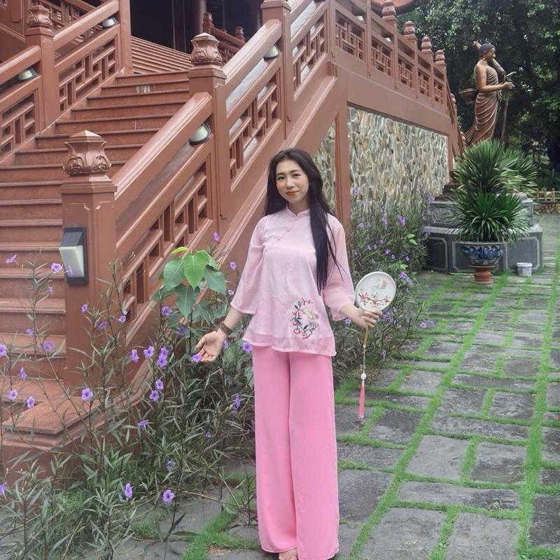 Bộ lam tơ dây eo thêu hạc ánh kim quần suông Nữ 7