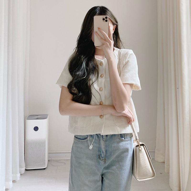 Áo dạ tweed cộc tay khuy vàng có đêm vai Samhyewear