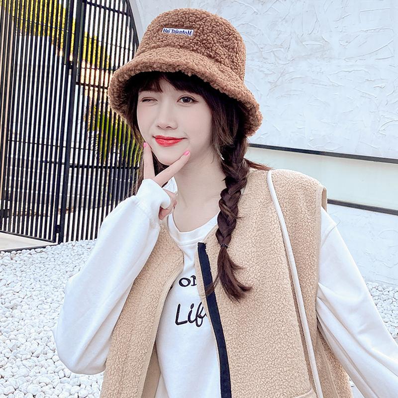Product Introduction of Lamb Wool Bucket Hat Winter Warm Hats For Women Lady Thicken Flat Top Cap Panama Outdoor Fisherman Hat Caps Letter Embroidered Hat Fisherman Cap 56-58 cm 35
