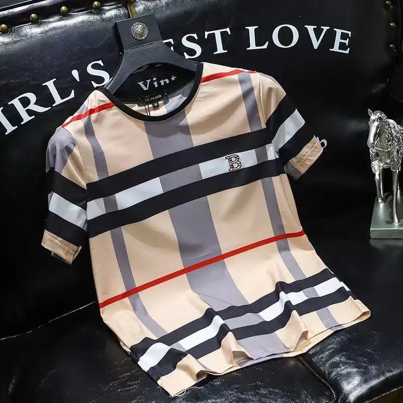European Station 2024 Summer Short-Sleeved T-shirt Men's New Ice Silk Plaid B Letter Printing Youth Fashion plus Size T-shirt