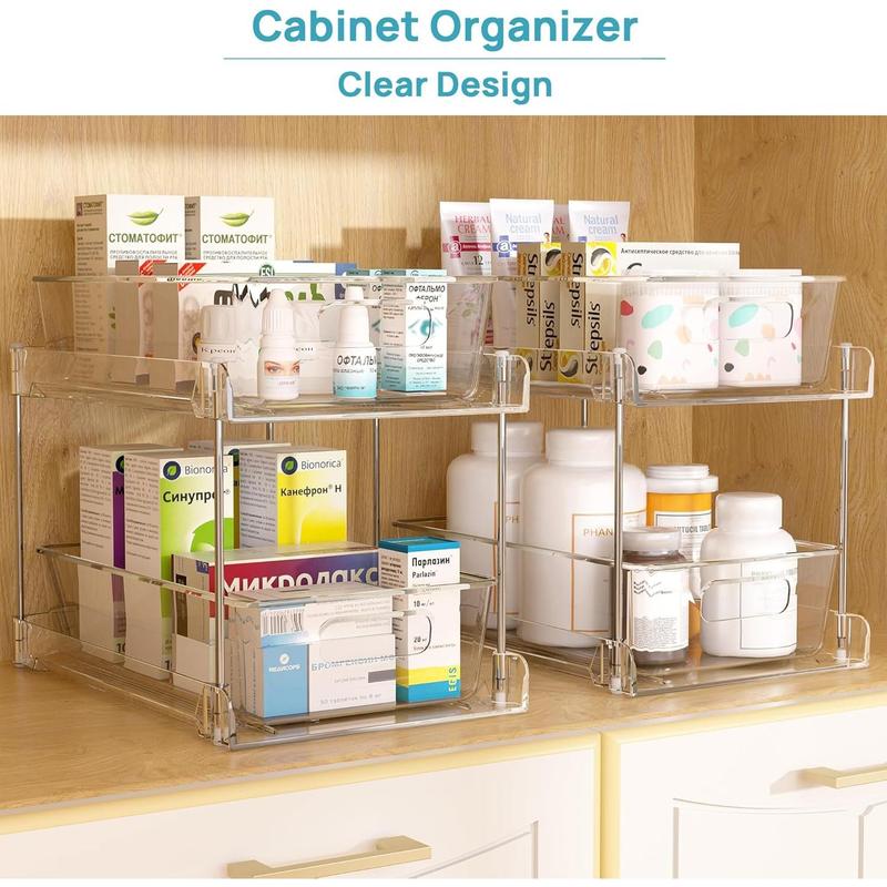 Bathroom Organizer, 2 Tier Clear Under Sink Organizers Vanity Countertop Storage Container,Cabinet Drawers Bins, Pull-Out Organization with Track for Pantry, Kitchen 2