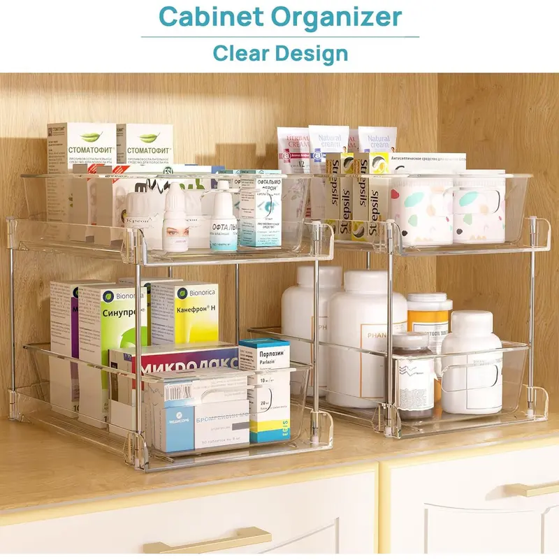 Bathroom Organizer, 2 Tier Clear Under Sink Organizers Vanity Countertop Storage Container,Cabinet Drawers Bins, Pull-Out Organization with Track for Pantry, Kitchen Boxes 2