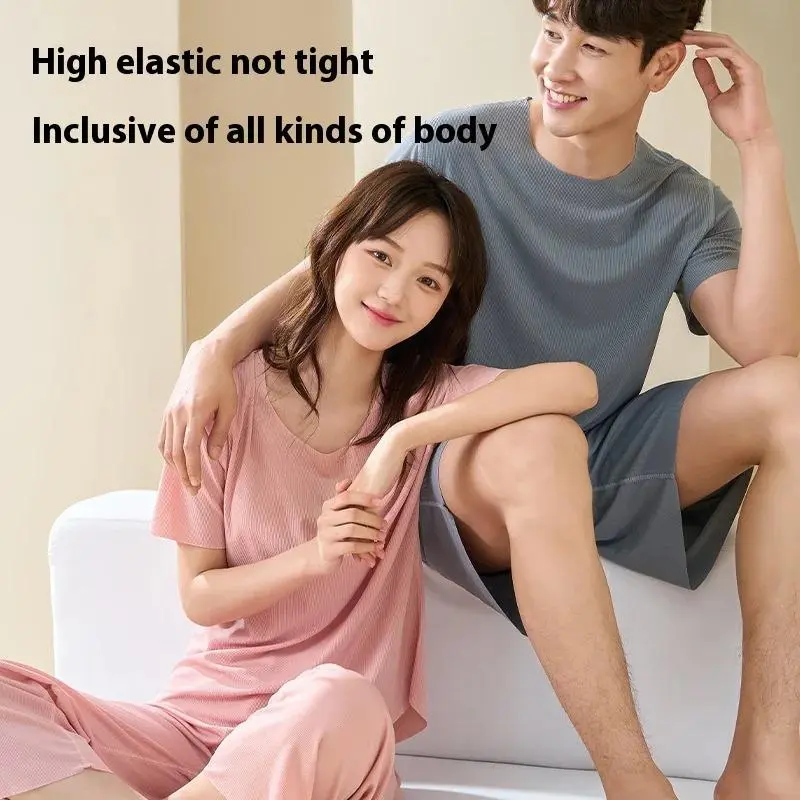 Summer Couple Pajama Set, Men's and Women's Thin Round Neck Seamless Ice Silk Home Clothing