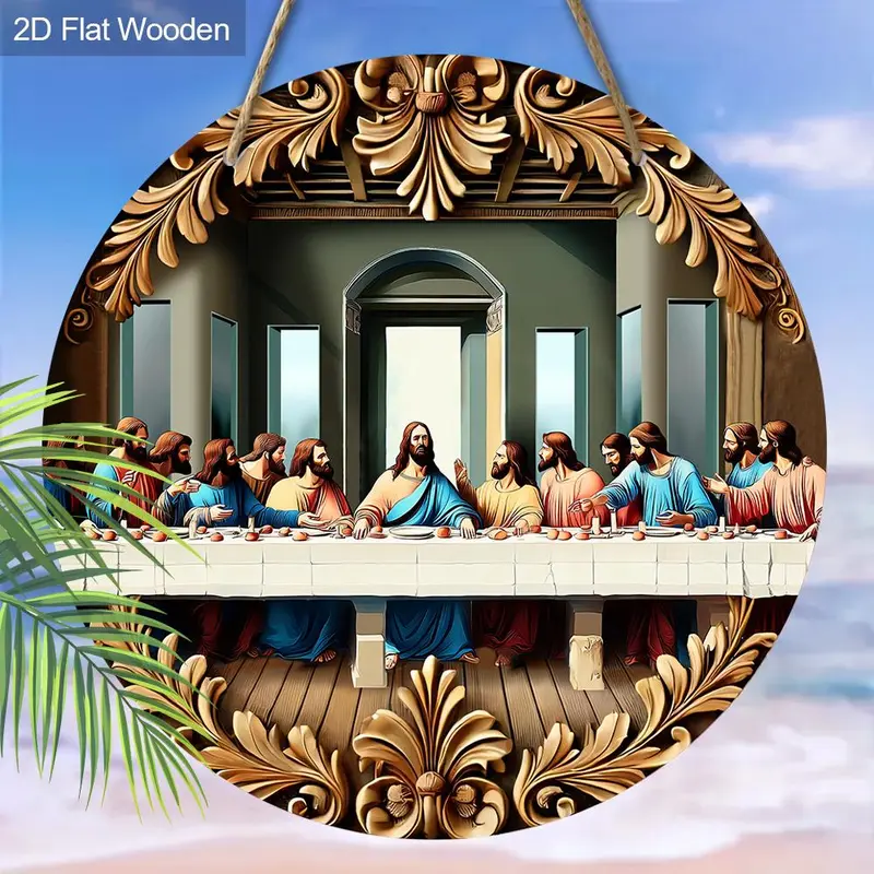 The Last Supper Themed Wooden Sign, 1 Count 2D Flat Print Of Decorative Wall Hanging Plaque, Multipurpose Round Hanging Ornament for Home Decor 5