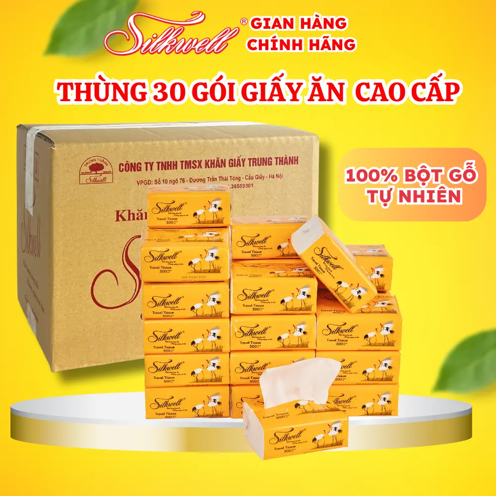 Thùng 30 Gói Giấy Rút Silkwell Sếu 100 Tờ 3 Lớp Dai Mịn, Giấy Ăn Cao Cấp, Giấy Ăn Bỏ Túi