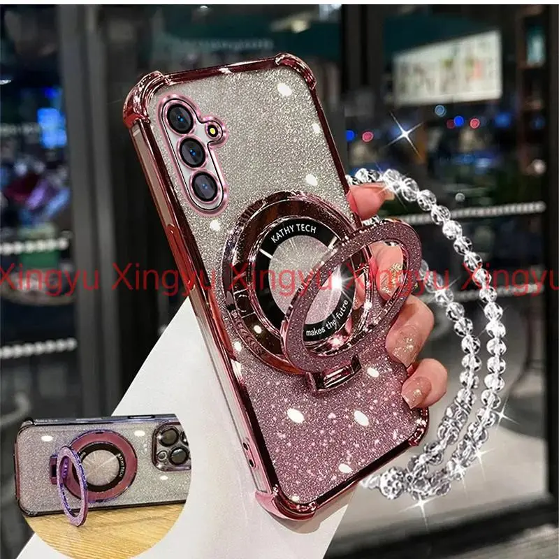 Four Corner Phone Case for Samsung A26 A36 5G A56 5G Shockproof Plating Glitter Magnetic Suction Full Coverage With Bracket New Bracelet Silicone Soft Case