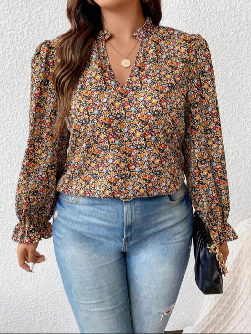 Product Introduction of Plus Size Ditsy Floral Print Notched Blouse, Elegant Flounce Sleeve Top, Women's Plus Clothes for Daily Wear 12