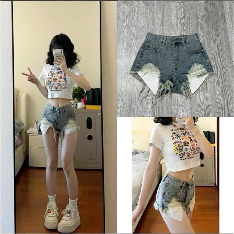 Quần short jean đùi RÁCH lộ túi lưng cao phong cách HUONGSAU