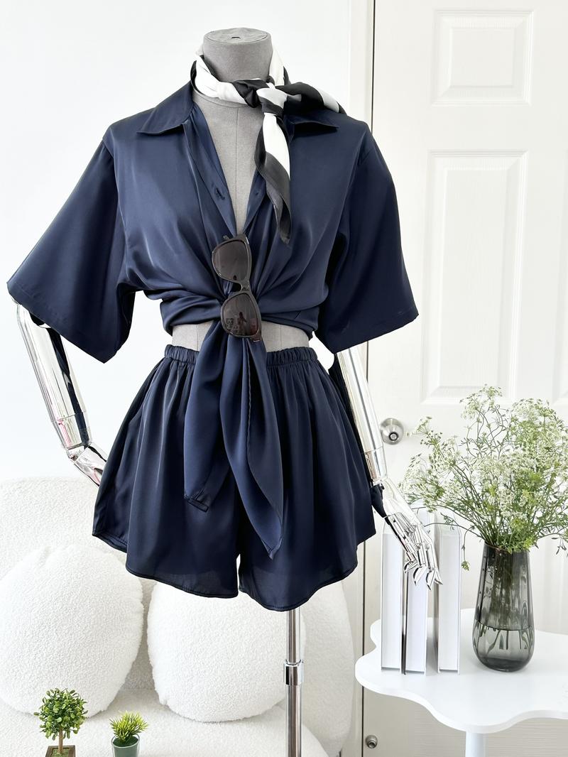 Product Introduction of Bộ Sơ Mi Áo Tay Lỡ Quần Đùi Chất Lụa Latin Màu Trơn Đơn Giản (Free Size 45-75kg) Women Nữ 17