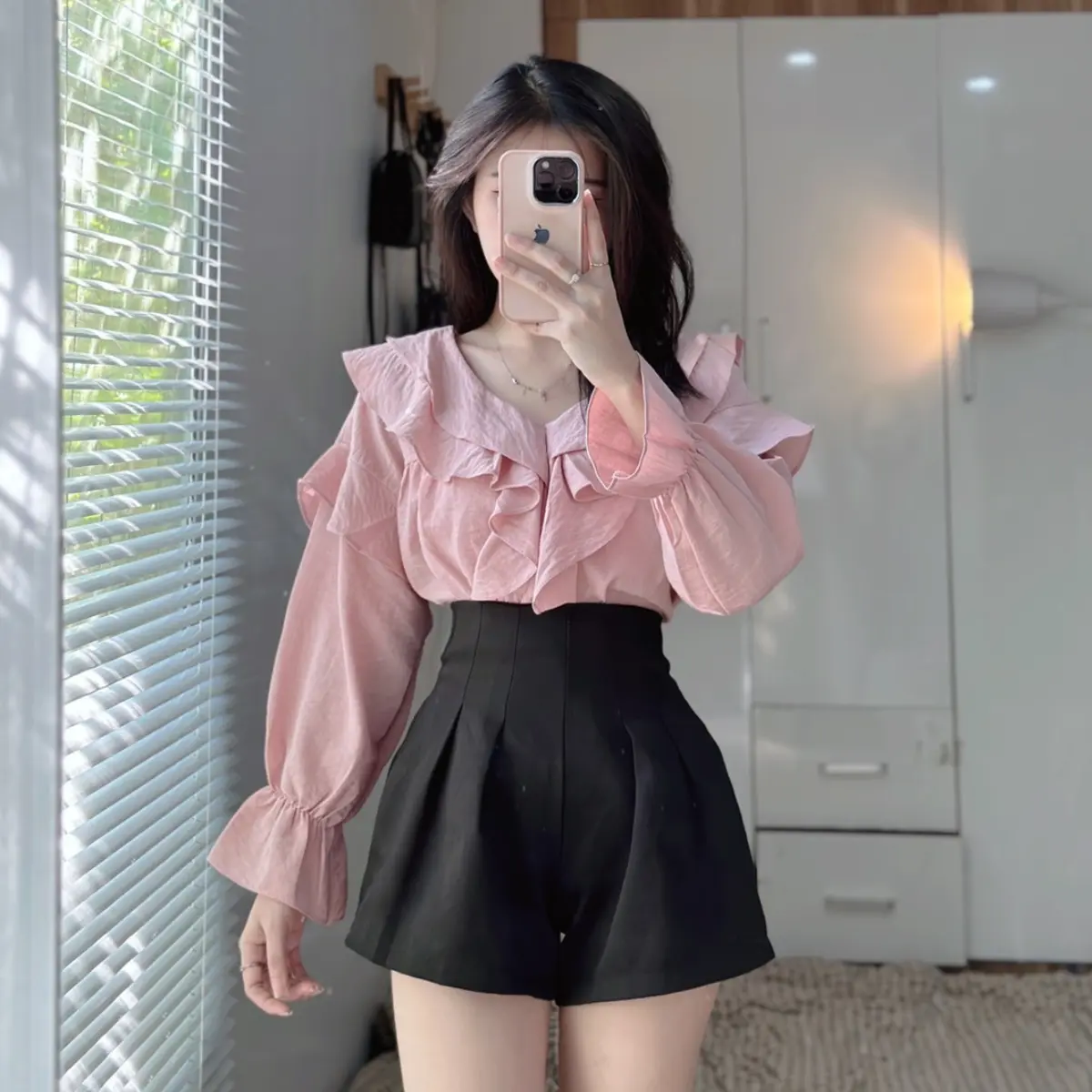 Áo babydoll tay dài , áo kiểu nữ cổ bèo , áo sơ mi bèo chất đũi mỏng siêu xinh PLA151