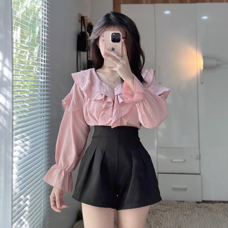  Áo babydoll tay dài  áo kiểu nữ cổ bèo  áo sơ mi bèo chất đũi mỏng siêu xinh PLA151 