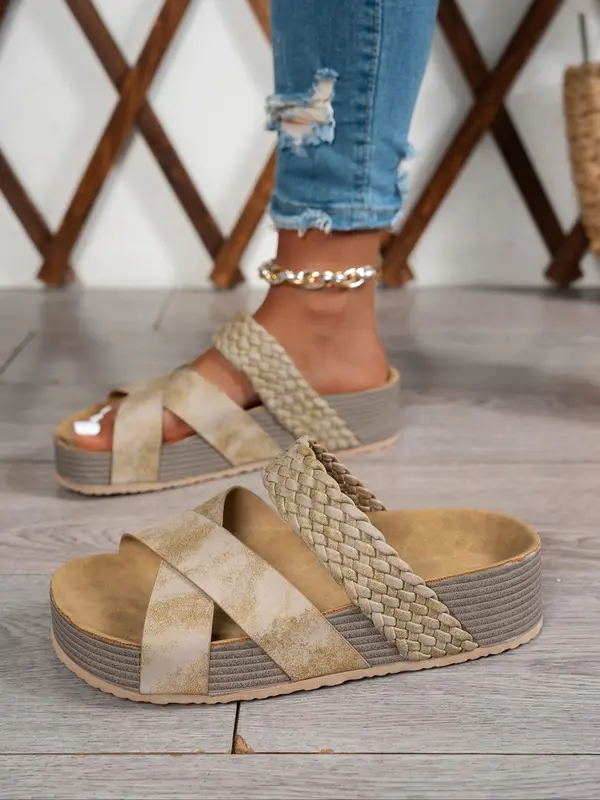 Women's Fashionable Plain Color Wide Band Platform Sandals, Casual Versatile Crossed Straps Sandals for Summer, Lightweight Breathable Comfortable Barefoot Shoes for Daily Wear, Girl 7