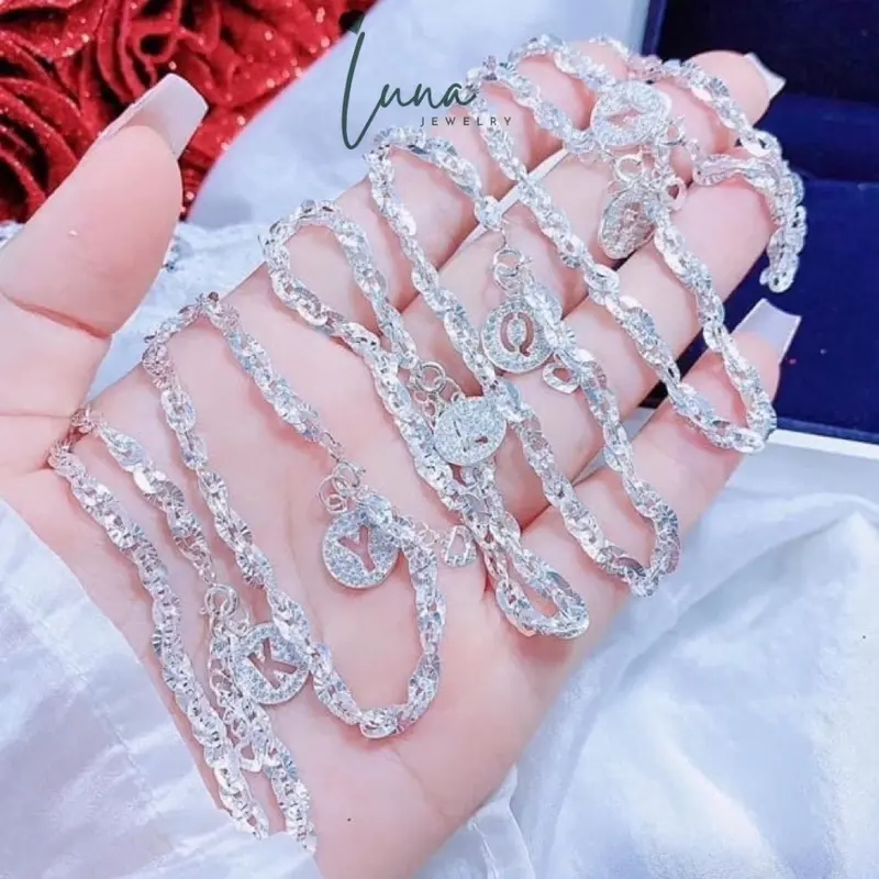 Lắc tay xoắn bạc ta phay sáng bóng mix treo charm chữ cái theo tên, vòng tay  nữ, thời trang nữ,  Phụ Kiện women Trang Sức Women Hoa L0002 4