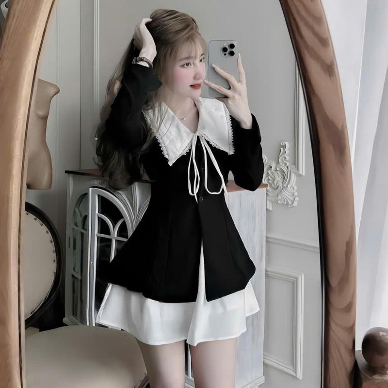 Set váy nữ áo nhung dài tay thiết kế cổ bẽ phối ren thắt nơ mix chân váy cotton lạnh form ngắn xinh xắn dành cho nàng di chơi. Women Top 1
