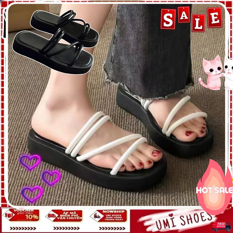 Dép Nữ PUCHEO Quai Da Chéo Đế Bằng cao 2cm Màu Đen Trắng Thời Trang Cá Tinh Đẹp Xinh Đi Biển Chơi Chống Nước