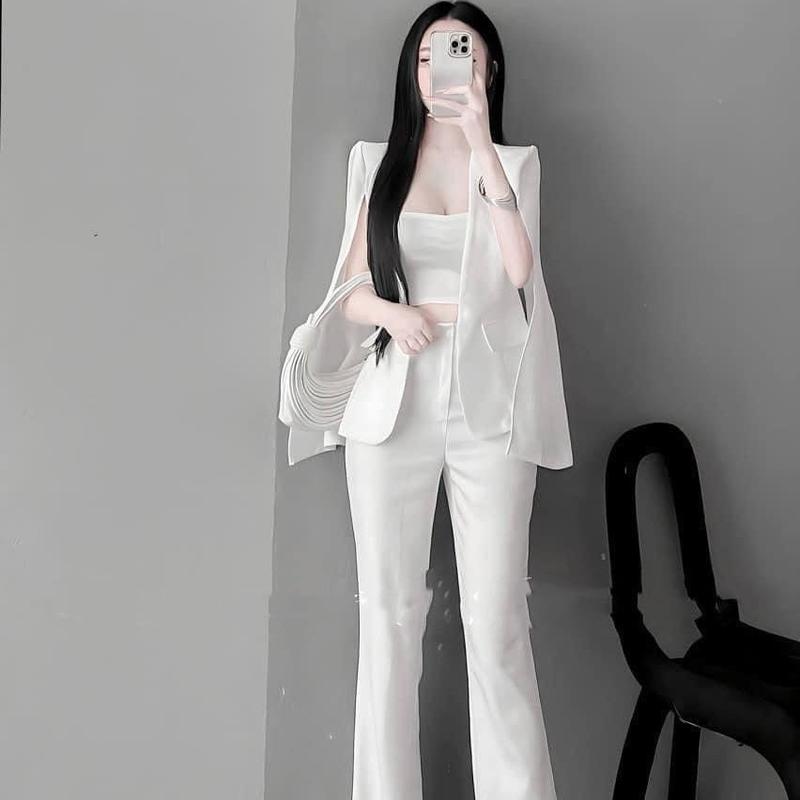 14860 - SET ÁO VEST XẺ TAY + ÁO ỐNG VÀ QUẦN-Gia Hân House-Freesize Nữ (dưới 52kg-eo dưới70cm)- 2 màu-Tuyết mưa + áo thun