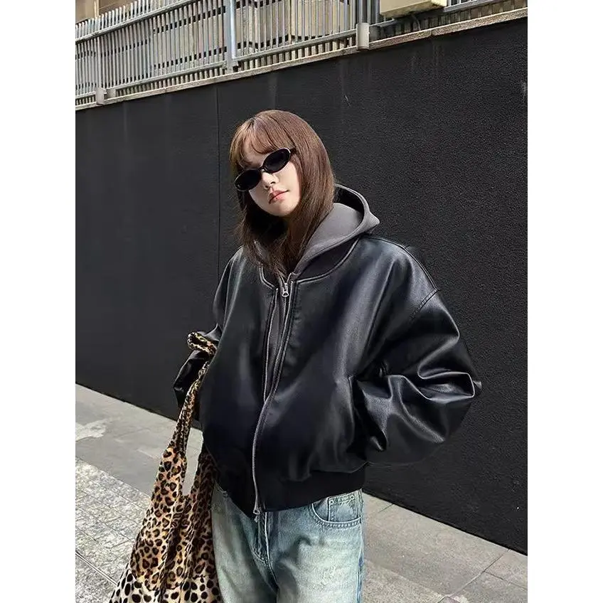 Áo Khoác Da Cropped PU, Màu Đen Mỹ, Dành Cho Nữ, Dáng Rộng Vừa Vặn, Phong Cách Đường Phố, Chống Gió, Áo Khoác Biker, Thích Hợp Cho Mùa Thu 2024 áodạ Top Jacket Women