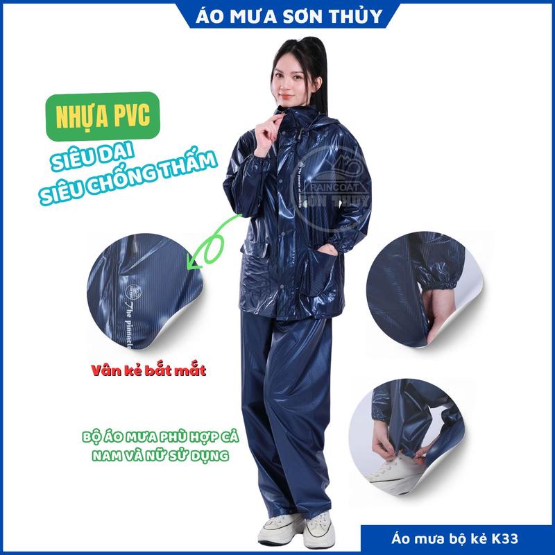  Sơn Thủy Bộ Quần Áo Mưa PVC Siêu Dai Chống Thấm K33 Vân Kẻ Bắt Mắt Thời Trang Bền Bỉ Cho Nam Và Nữ Size L XL XXL 