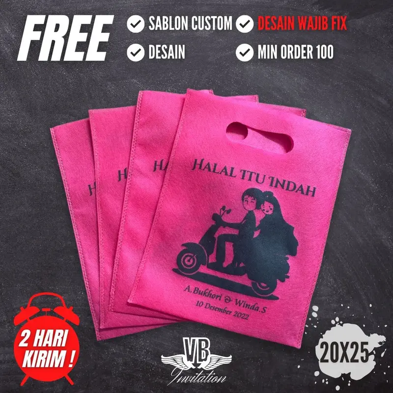 ( Isi 100 Biji ) Tas Spunbond Souvenir Acara Wedding Gratis Custom Nama | FOP 20.25 5
