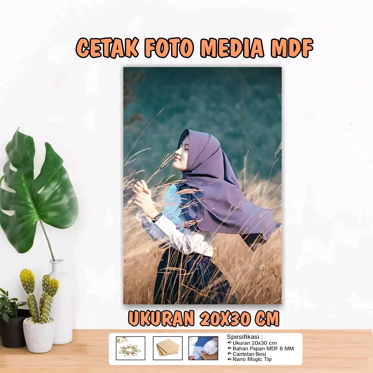 cetak foto media papan kayu MDF6mm ukuran 20×30cm Besi