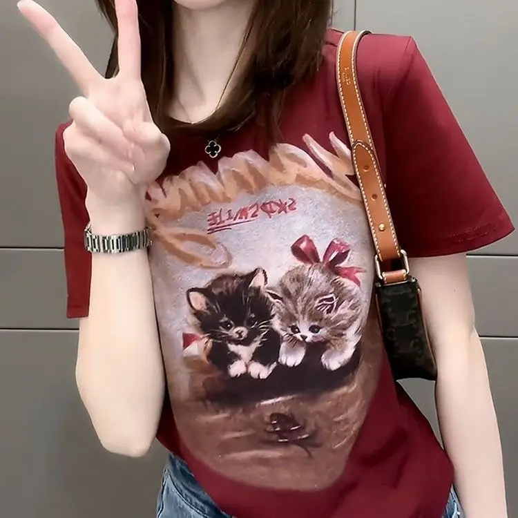 Pure Cotton Summer New Fashion Korean Style round Neck Printed Cat Sweet and Spicy Slim-Fit Short-Sleeved