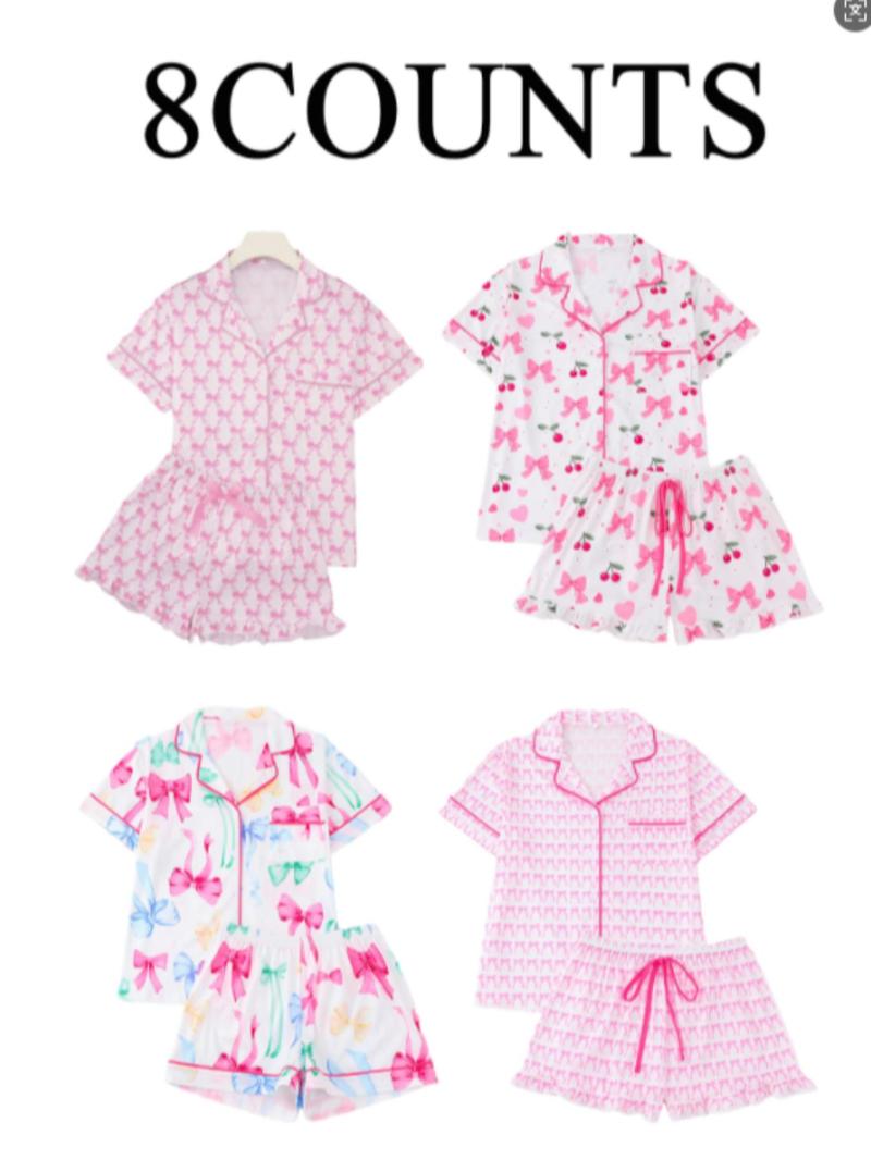 Product Introduction of Women's All Over Bow Print Short Sleeve Lapel Neck Shirt & Bow Decor Elastic Waist Shorts Pajama Two-Piece Set, Casual Comfy Button Front Chest Pocket Design Top & Ruffle Hem Shorts PJ Set, Ladies Sleepwear for Summer 8