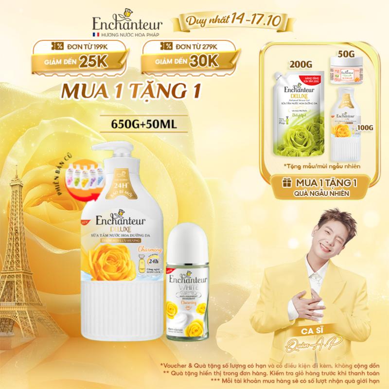 Combo Sữa tắm Dưỡng Thể nước hoa Enchanteur 650g và lăn khử mùi hương Charming 50ml
