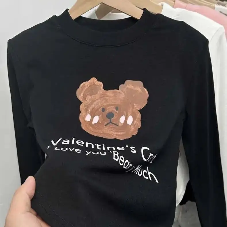 Áo Lớp Nền Cotton Nguyên Chất, Phong Cách Hàn Quốc, Phong Cách Phương Tây, Phổ Biến, In Hình Gấu, Thích Hợp Cho Bé Gái, Áo Phông Lớp Nền 3