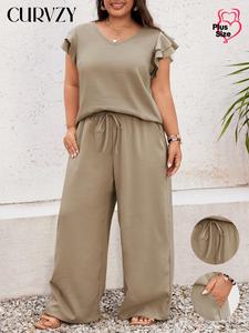 CURVZY Plus Solid Butterfly Sleeve V Neck Tee & Wide Leg Pants Set, Casual Layered Sleeve Top & High Waist Trousers for Daily Outdoor Wear, Women's Two-Piece Tummy Control Outfits for Summer, Valentine's Day Gift for Girl
