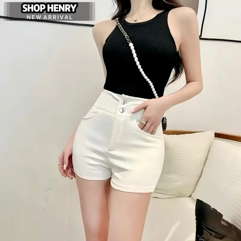 [ NEW ] Quần Short Nữ Lưng Cao 2 Cúc Túi Trước Cạp Cao Chất Umi Co Dãn 4 Chiều, Ôm Dáng màu ĐEN TRẮNG Vải Dày Dặn