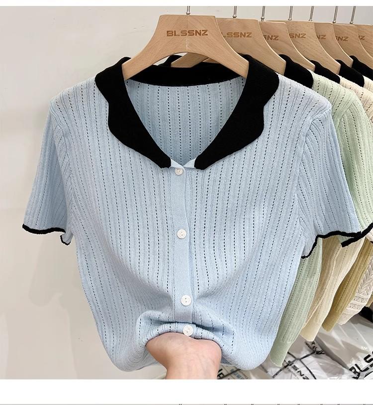 Product Introduction of Áo Cardigan Dệt Kim, ngắn Tay, Chất Liệu Lụa Ngầu Dành Cho Nữ, Mỏng Và Mùa Hè, Màu Sắc Tương Phản, Thiết Kế Độc Đáo Với Thiết Kế Áo Polo Rỗng Áo Cánh Nữ Hàng Đầu 25