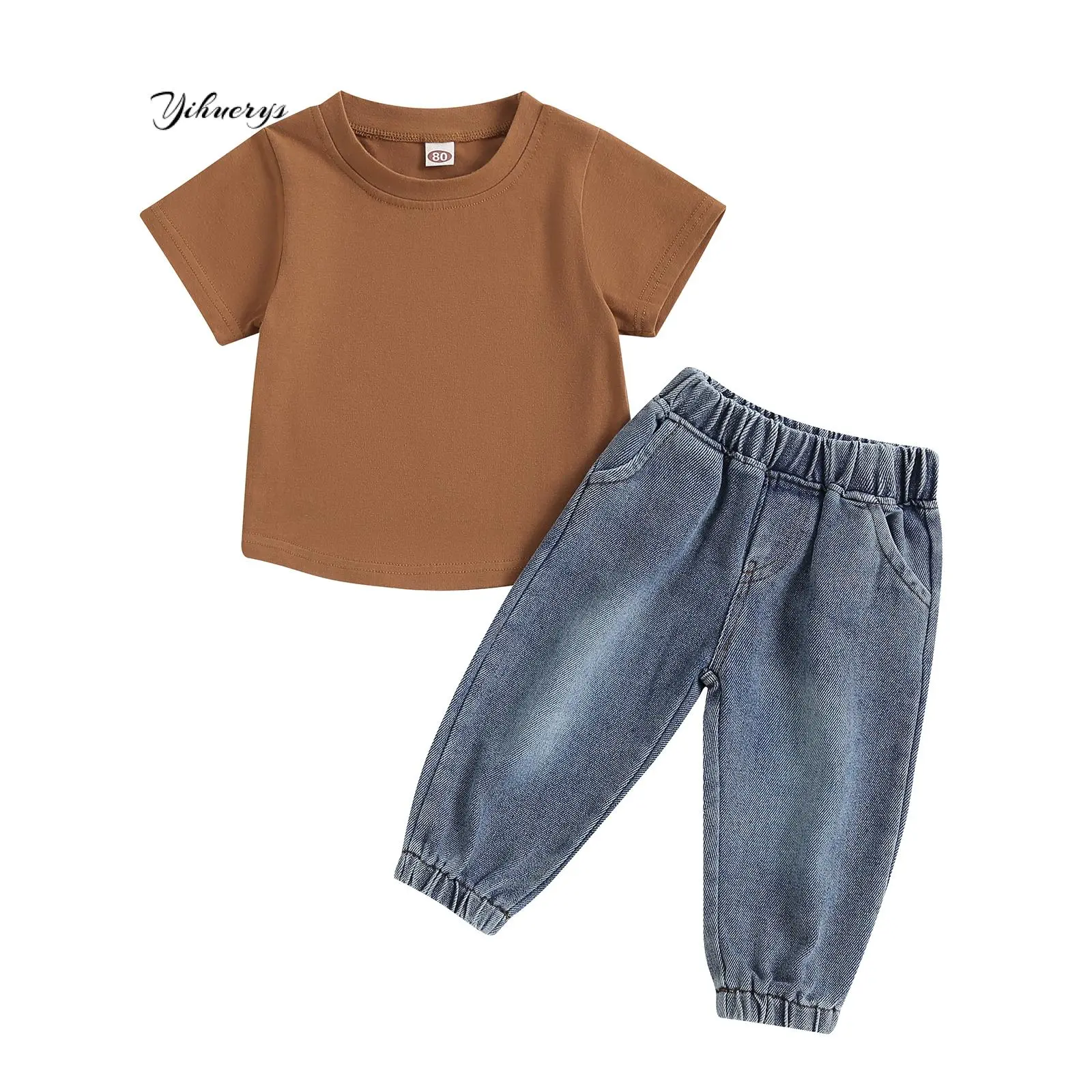 Toddler Boys 2PCS T-shirt Pants Sets Solid Color Short Sleeve Tops and Blue Jeans Sets Summer Outfit