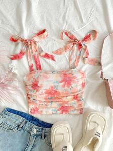Top corto con lazo en el hombro con estampado floral para mujer, Top corto con cuello cuadrado sin mangas bohemio para el verano, ropa de mujer para vacaciones en la playa