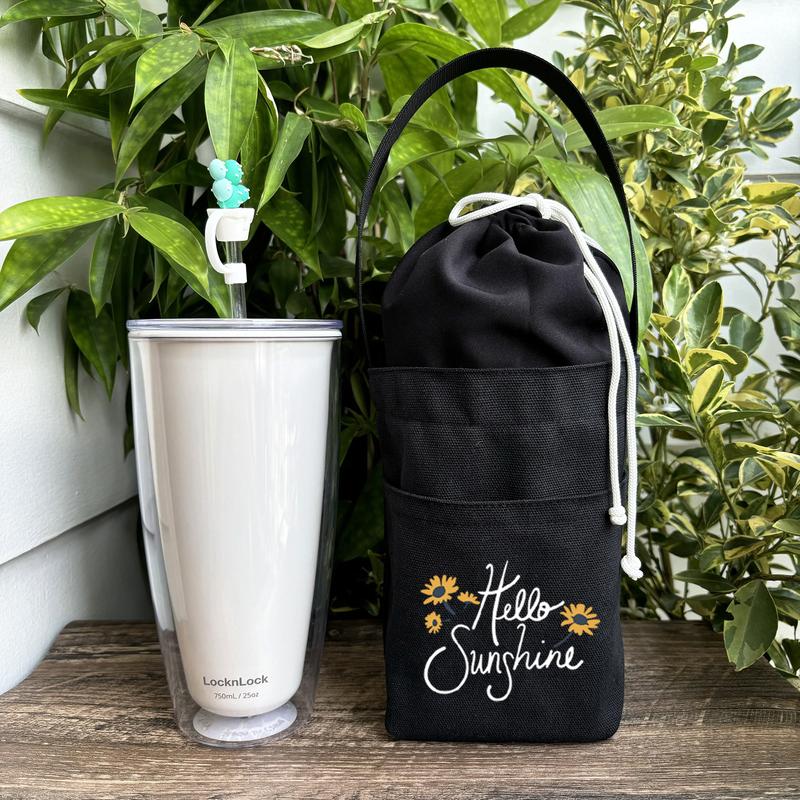 Túi đựng ly đựng bình nước bottle bag vải canvas đen in hình hello sunshine Hiany AB08 3