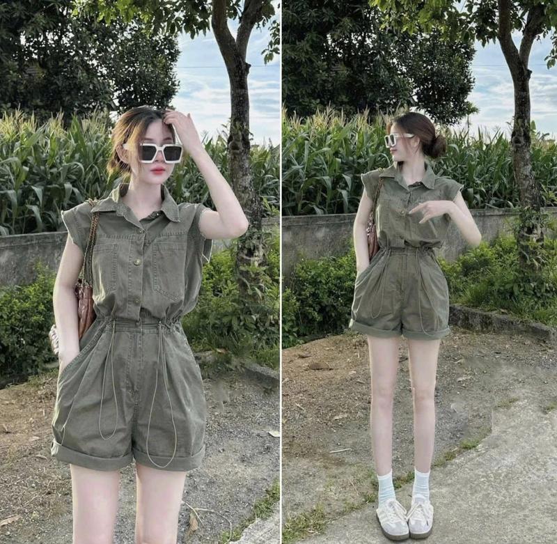  Jum jean đùi nữ tay sát nách cổ bẻ rút dây eo phong cách trẻ trung năng động - Women 