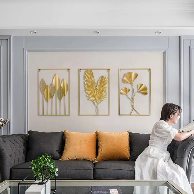 Dinding Besi Sofa Ruang Tamu Kreatif Modern Latar Belakang Dinding Wall Decor Hiasan Dinding Frame Metal Gold Daun Leaf Ginko Scandinavian Wall Decor Nordic Tanaman 6